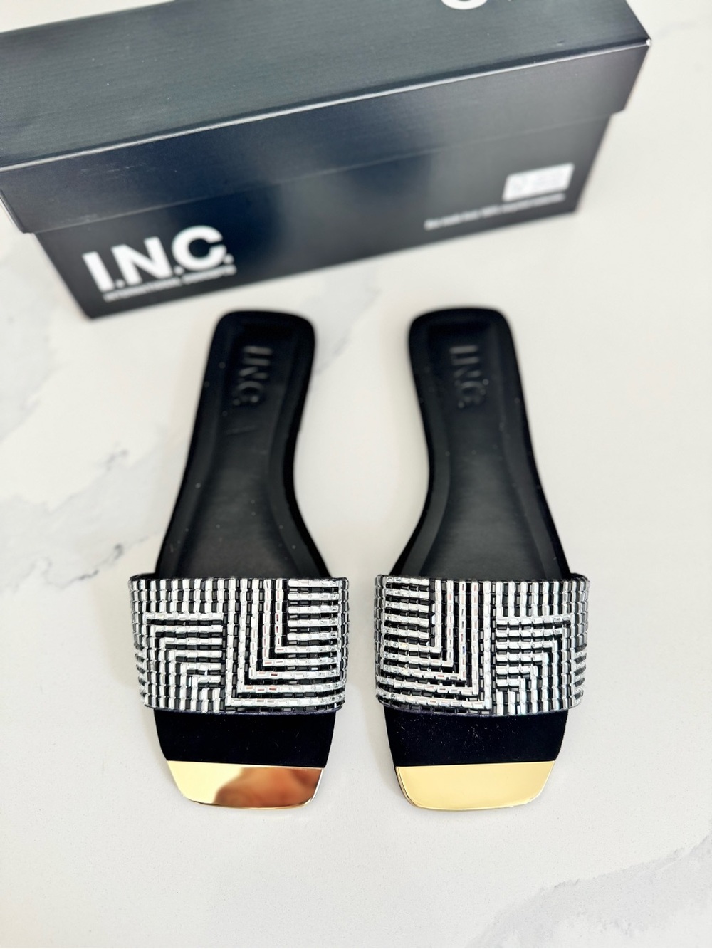 INC International Concepts Black Beaded Slide Sandals with Gold Accent